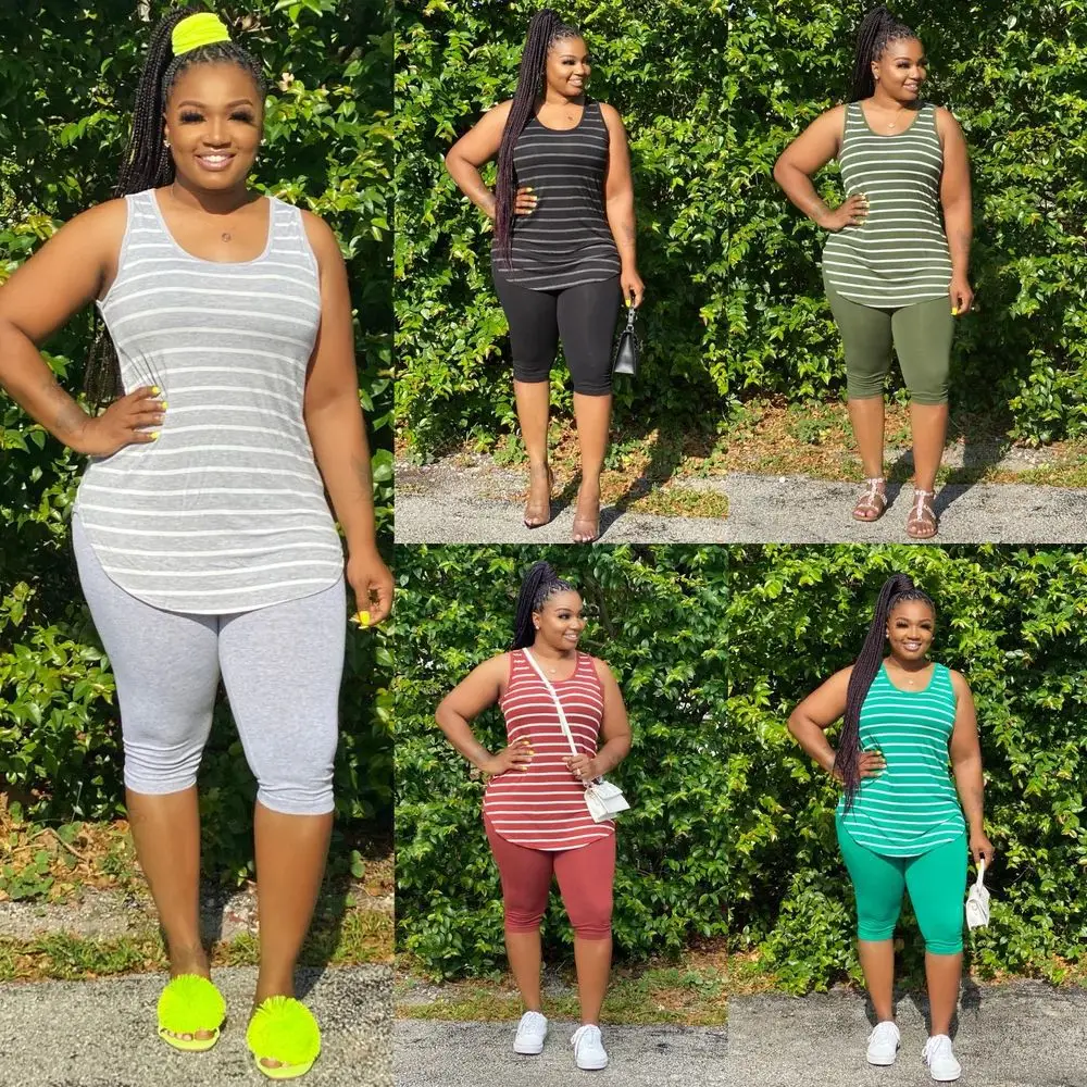 

Free Shipping R05067 - Women Casual Stripper Sleeveless Short Pants Two Piece Outfits Plus Size