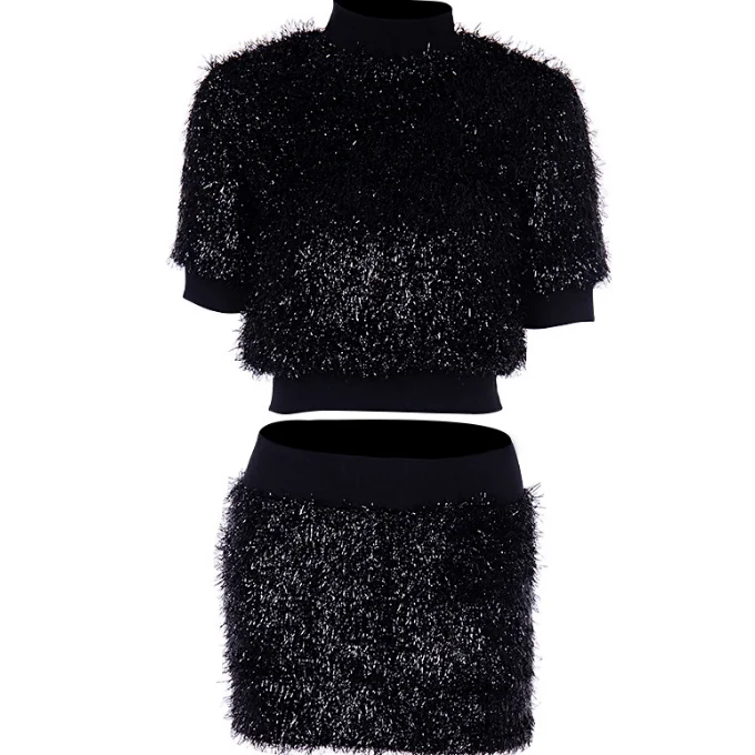 

2021 The Latest Women's Plush and Casual Two Piece Set Pure Color Mini Skirt