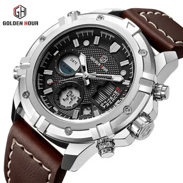 

GOLDEN HOUR GH-111 Watch Luxury Waterproof Leather Watches Men Wrist Casual LED Double Display Wristwatches Relogio Masculino, 3-colors