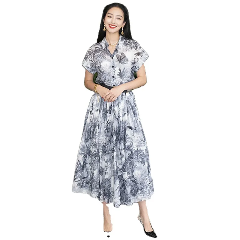 

Runway High Street Fashion Holiday Mori Dress Women Short Sleeve Vintage Blue Print Midi Pleated Belt Party Vestidos