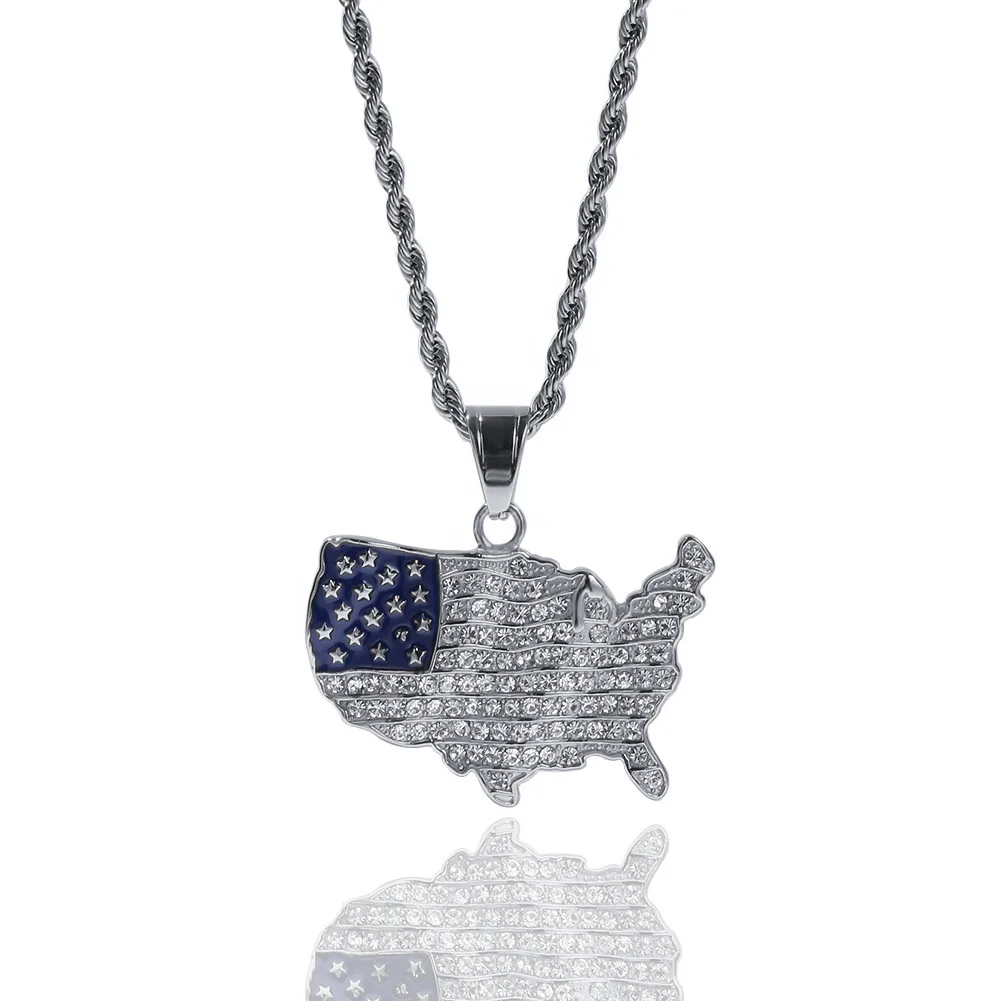 

Hip Hop Iced Out USA Patriot Freedom Star and Stripes 4th of American Flag,Map Pendant Necklace Stainless Steel Men Jewelry, Customers' request