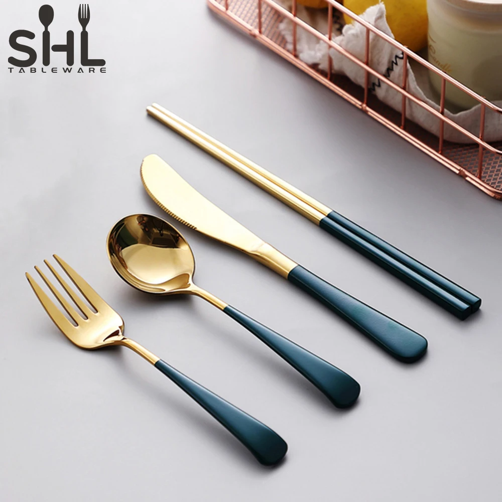 

Stainless steel table spoon heavy duty steel frame and forks knives chopsticks portable cutlery set, Silvery/ gold/ rose gold/ etc...