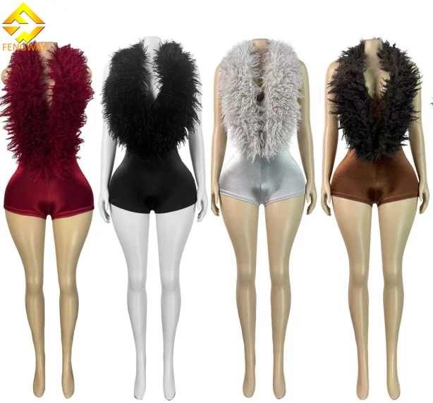 Sexy Nightwear Backless Deep V Neck Romper 2025 Summer Fashion Faux Fur Top Satin One Piece Shorts Jumpsuits for Women