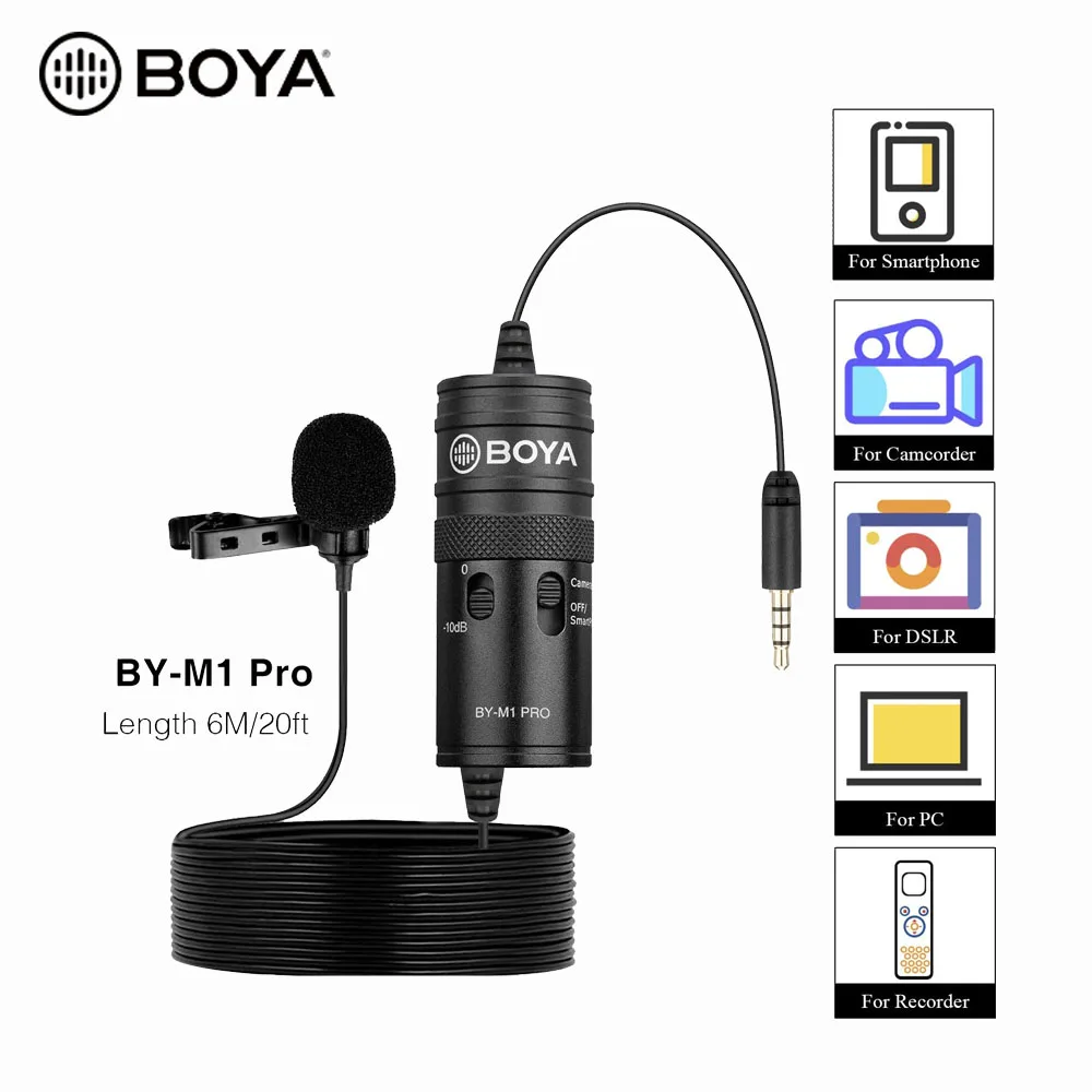 

BOYA BY-M1 Pro Omni-Directional Lavalier Microphone Single Head Clip-on Condenser Mic for Smartphone DSLR Camcorder, Black