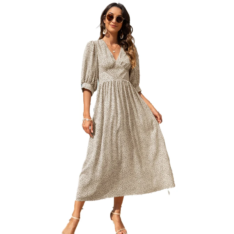 

New Women Summer Leopard Print Vestidos V-neck Long Half Sleeve Midi Dress