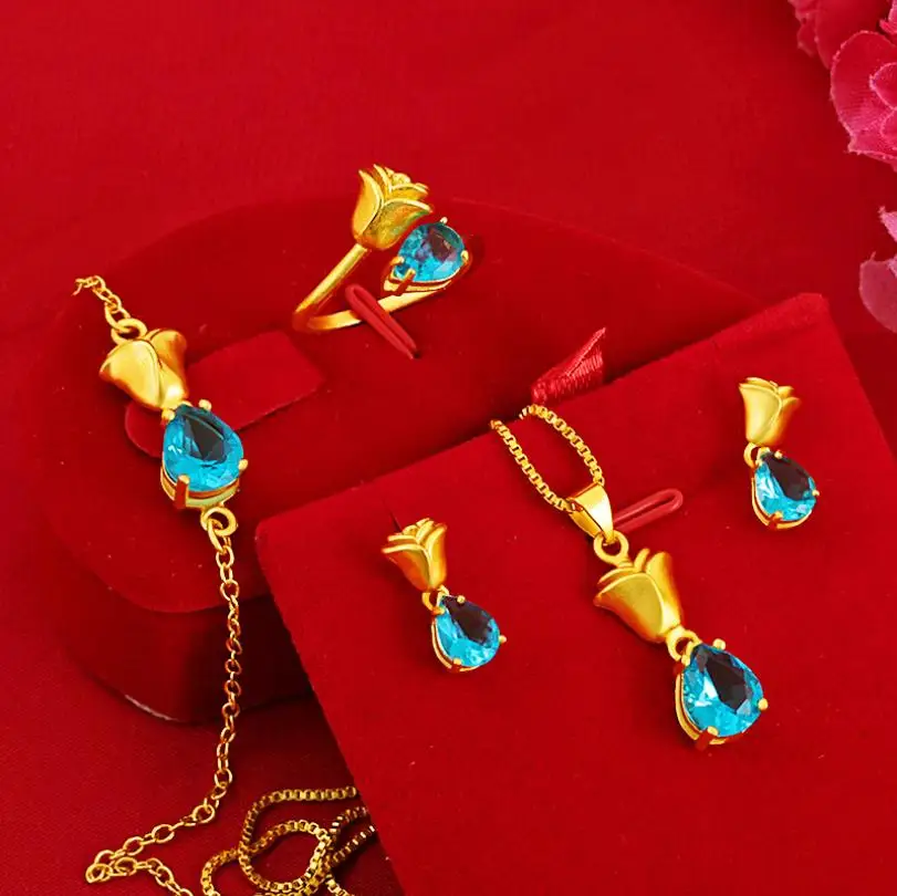 

National wind flower water drop 24k gold jewelry set womens Resizable rings necklace bracelet wedding earring female gold filled