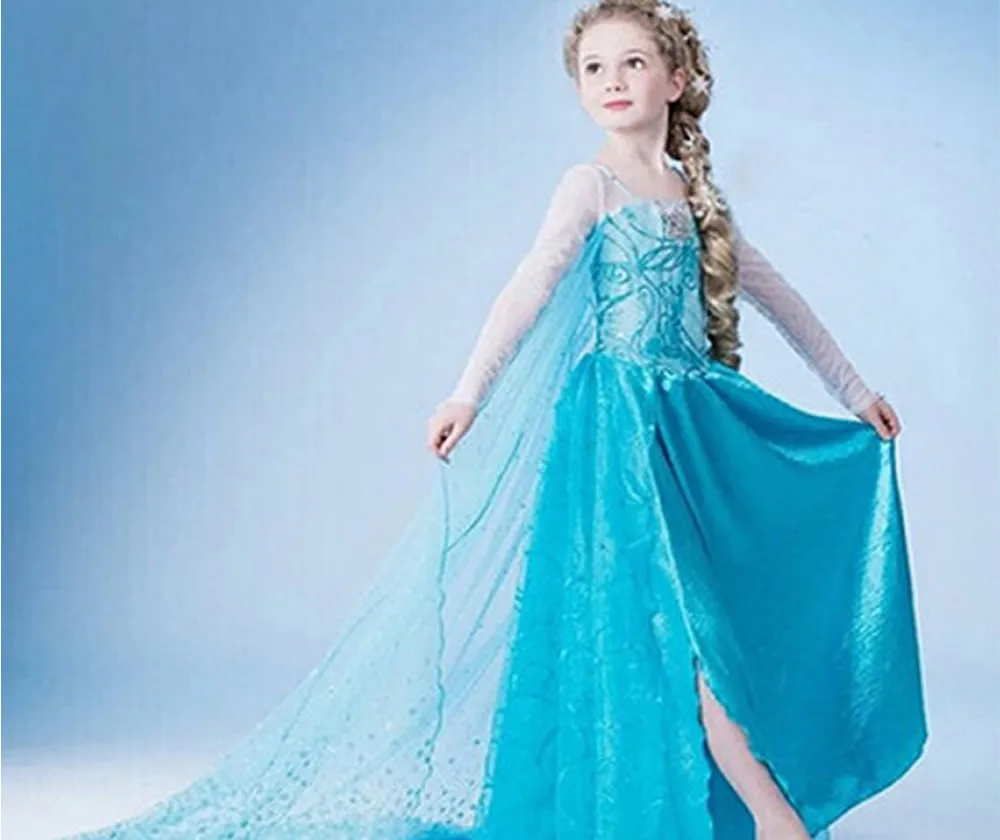 

Girls Elsa Dress With Long Trailing Lace Bling Sequined Split Hem Fall Long Sleeve Kids Role Playing Princess Party Costumes, Blue
