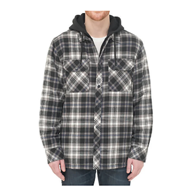 

High Quality Casual Cotton Flannel shirt with hood Plaid Outer Shell Poly Padded Lining Men's shacket warm Shirt jacket