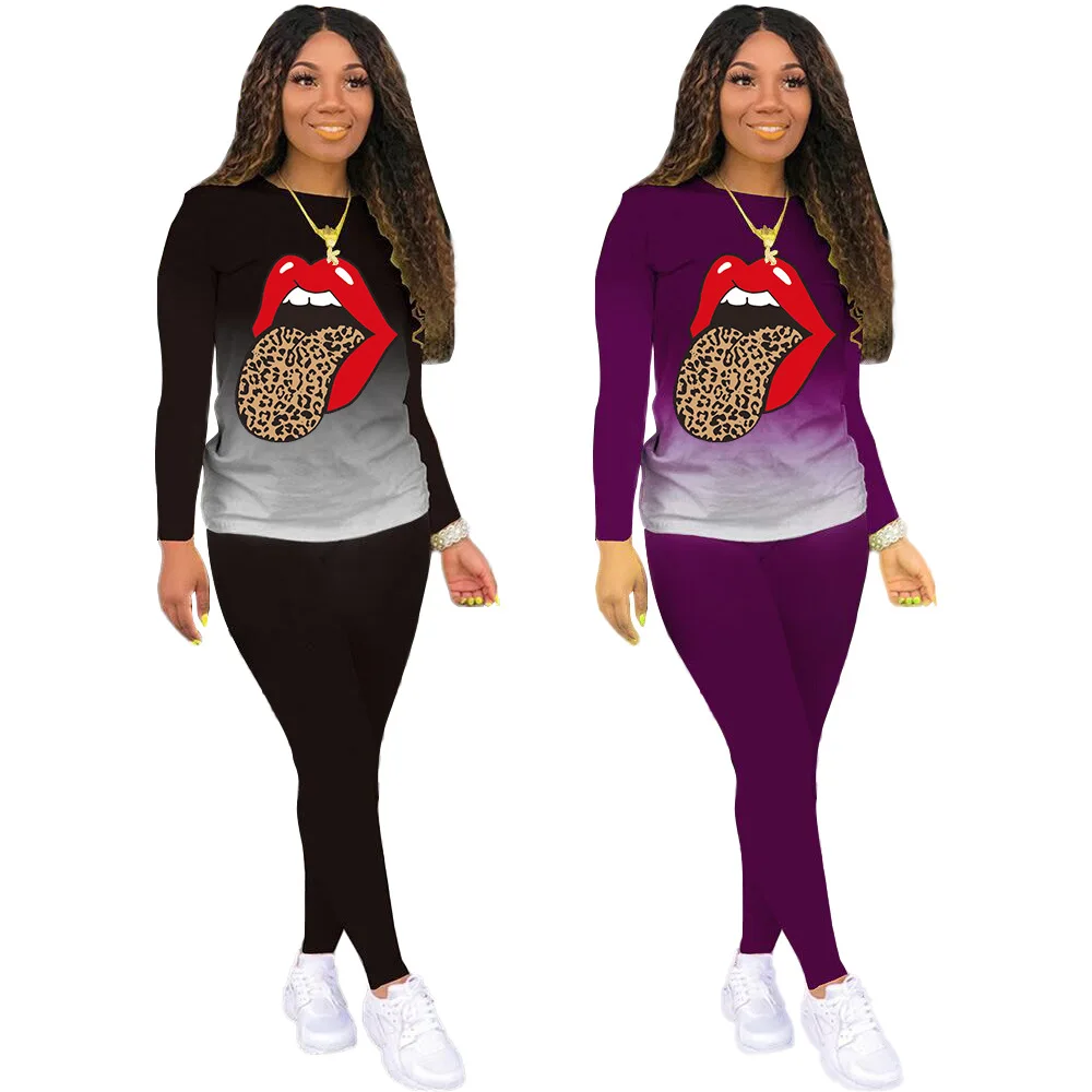 

030921 Wholesale Hot Sale Gradient Lip Printings Long Sleeve Round Neck Women's Suit Leisure Sports Two-Piece Set