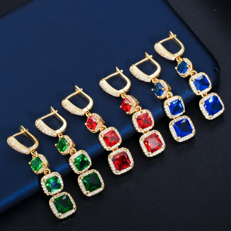 Classic 18k Yellow Gold Filled Square Cut Blue Green Cubic Zircon Crystal Women Long Dangling Drop Huggie Earrings