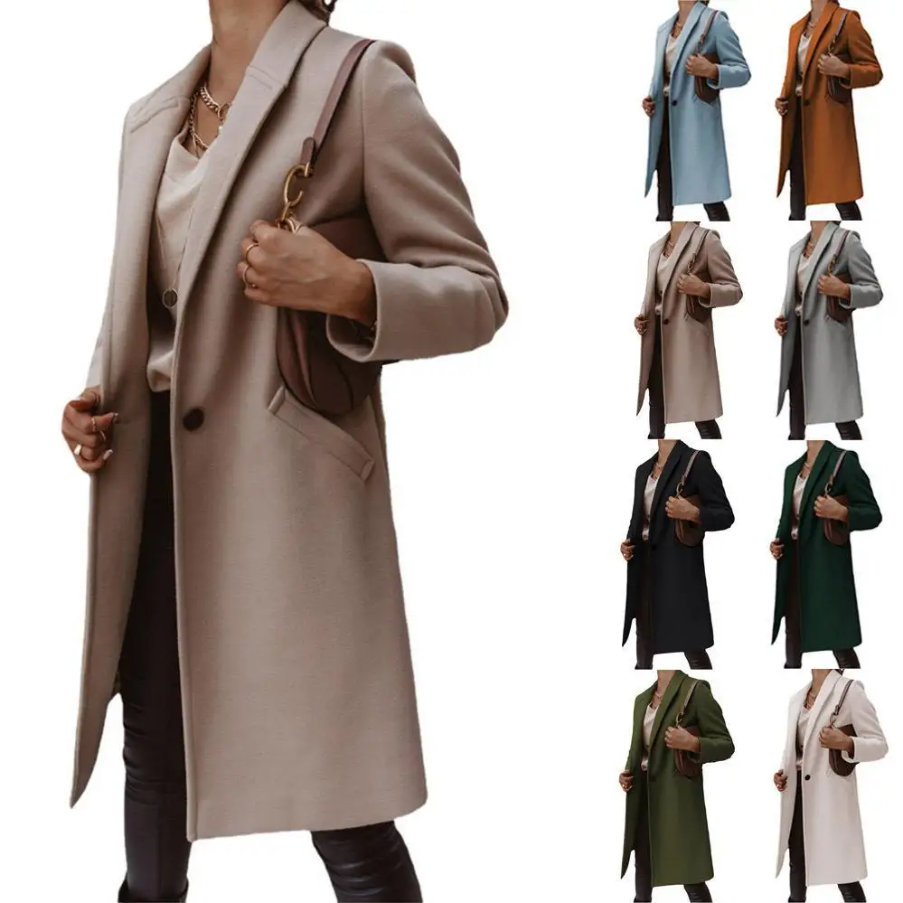 

S-3XL Autumn Winter Solid Coat Polo Mid Long Button Woolen Coat Single button pocket trench coat