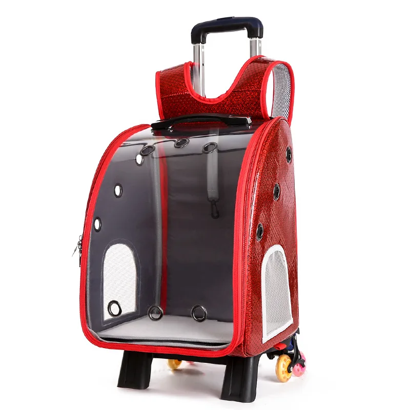 

New outdoor pet trolley case out portable transparent trolley pet tote bag pu shoulder breathable travel pet backpack