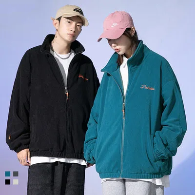 

Fashion Brand 2021 New Style Fleece Jacket Unisex Solid Color Drop Shoulder Embroidered Oversized Hoodies&Jacket for Teens