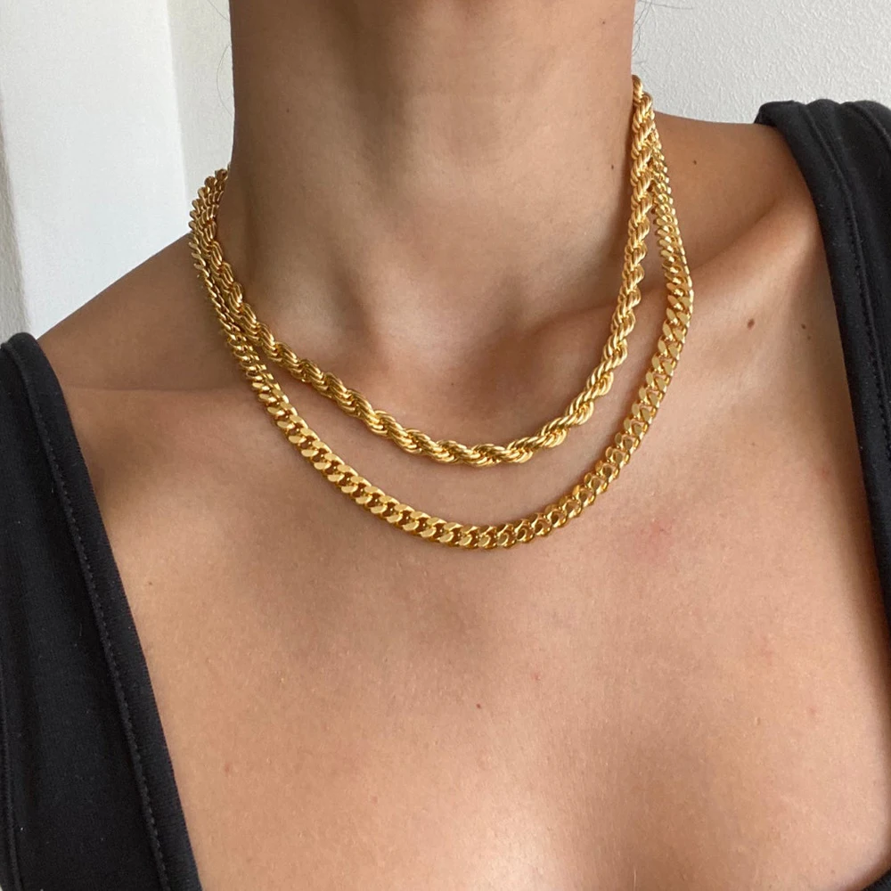 

Gold Hip Hop Necklace Fashion Chunky Gold Rope Chain Necklace Twisted Rope Link Stainless Steel Chain For Women Men