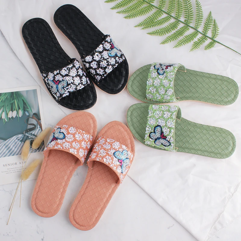 

2021 Hot sale flat rhinestone sandals Open-toed women's slippers Slides Indoor Outdoor Beach Slippers For Women, Orange/black/green