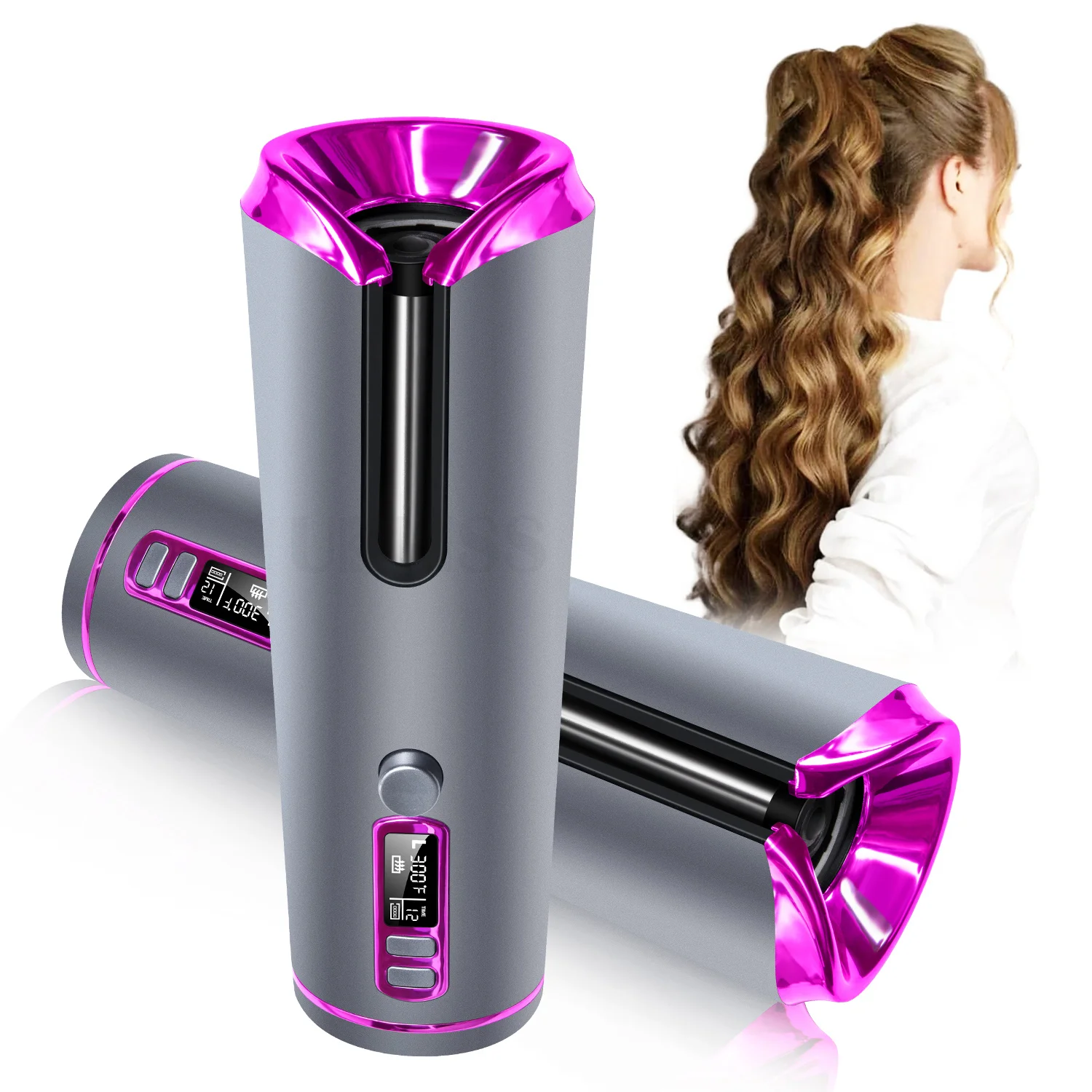 

New Trend Ceramic Rotating Hair Curler OEM Cordless Hair Curler LCD Display Hair Curler Automatic Curling Iron, Gray and gold