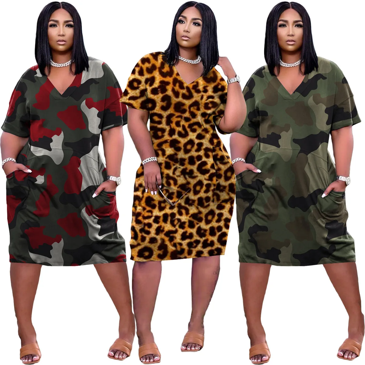 

2021 Summer New Design Boutique large women sexy loose camo leopard print V-neck casual dress with pockets, As picture