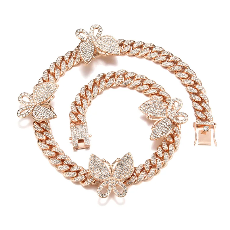 

Factory Wholesale Hips Hops Chunky Cuban Chain Butterfly Necklace Rose Gold Plated Iced Cuban Butterfly Choker Necklace