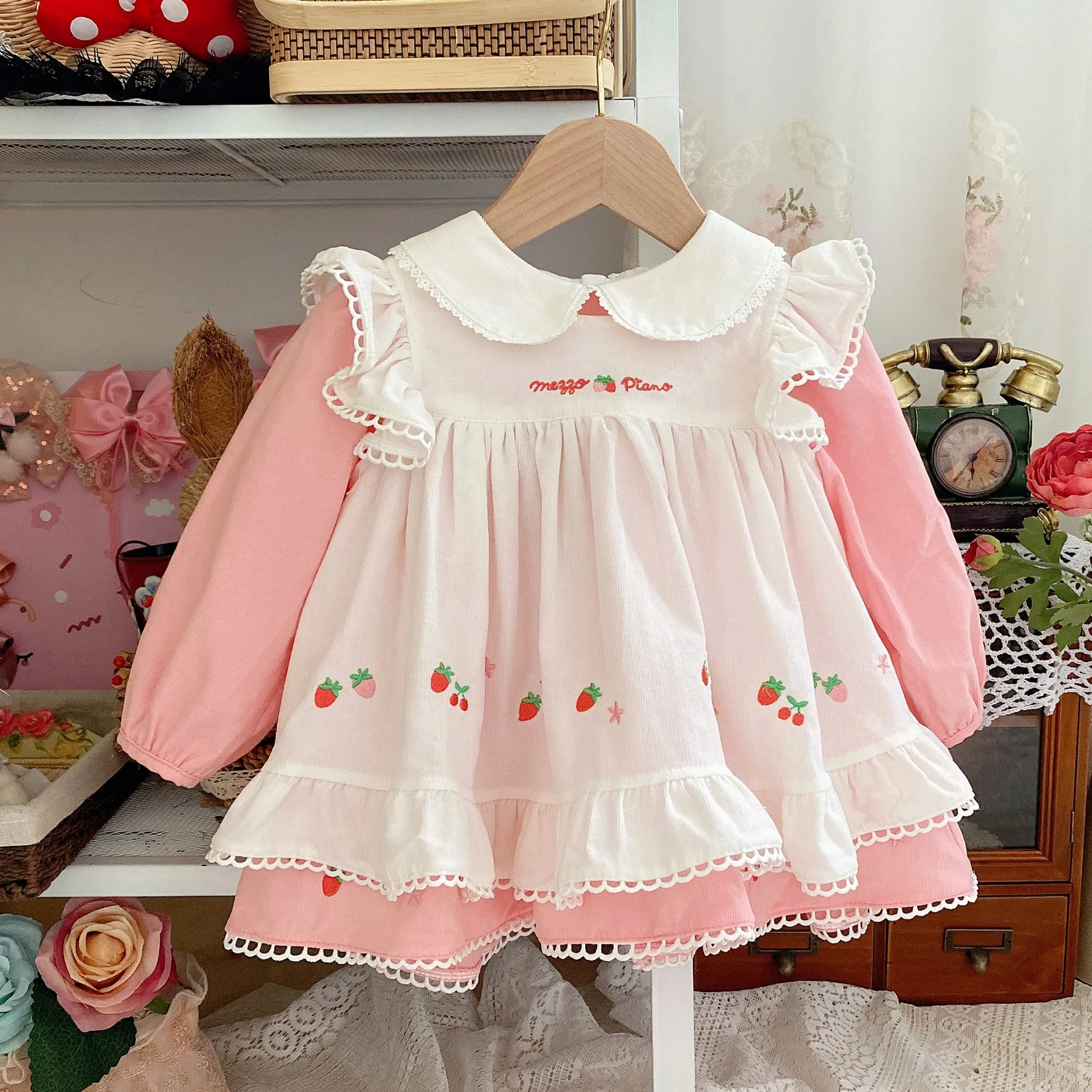 

074198 baby dresses vintage pink girls' dress ruffles lolita wholesale kids clothing children's clothes boutiques