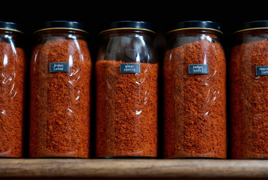 Glass jars containing crushed chili stored in dark pantry with proper labeling