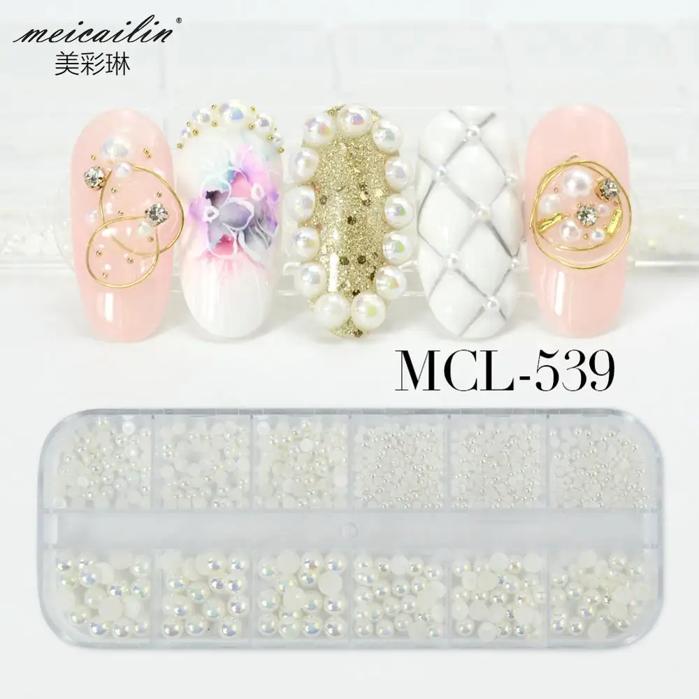 

1 box Mixed Size AB Color White Pearl for 3D Nail Art, As picture shown,ab color&white