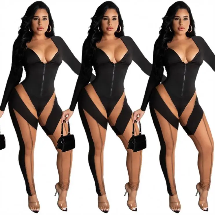 

High Quality Deep V Neck Zipper Long Sleeves Sexy Patchwork Bodycon Jumpsuit Yoga Jumpsuit 2021