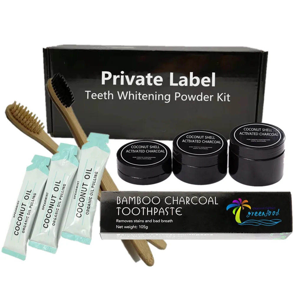 

Activated Charcoal Teeth Whitening Powder Bamboo Toothpaste Toothbrush -Natural Charcoal Whitening Kit, Black