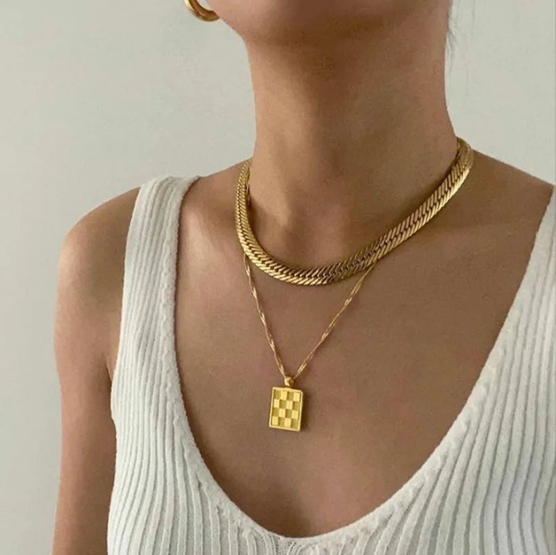 

Joolim Jewelry 18k Pvd Gold Plated Stylish Rectangle Waterproof Tarnish free Checkered Stainless Steel Necklace for Women