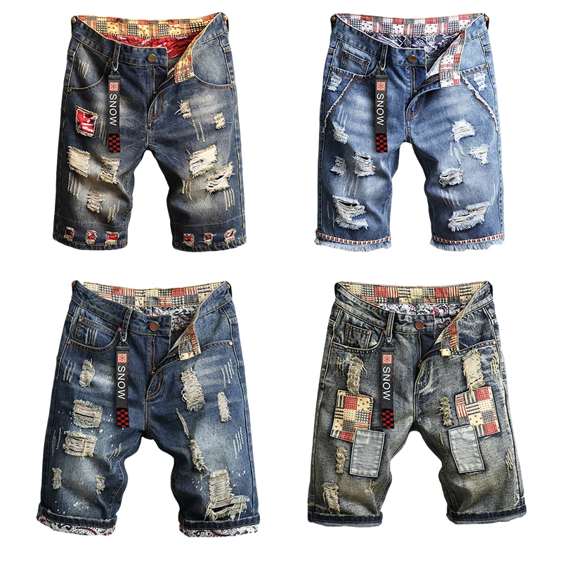 

Summer denim shorts men's five-point pants loose straight tube casual thin section broken bottoms