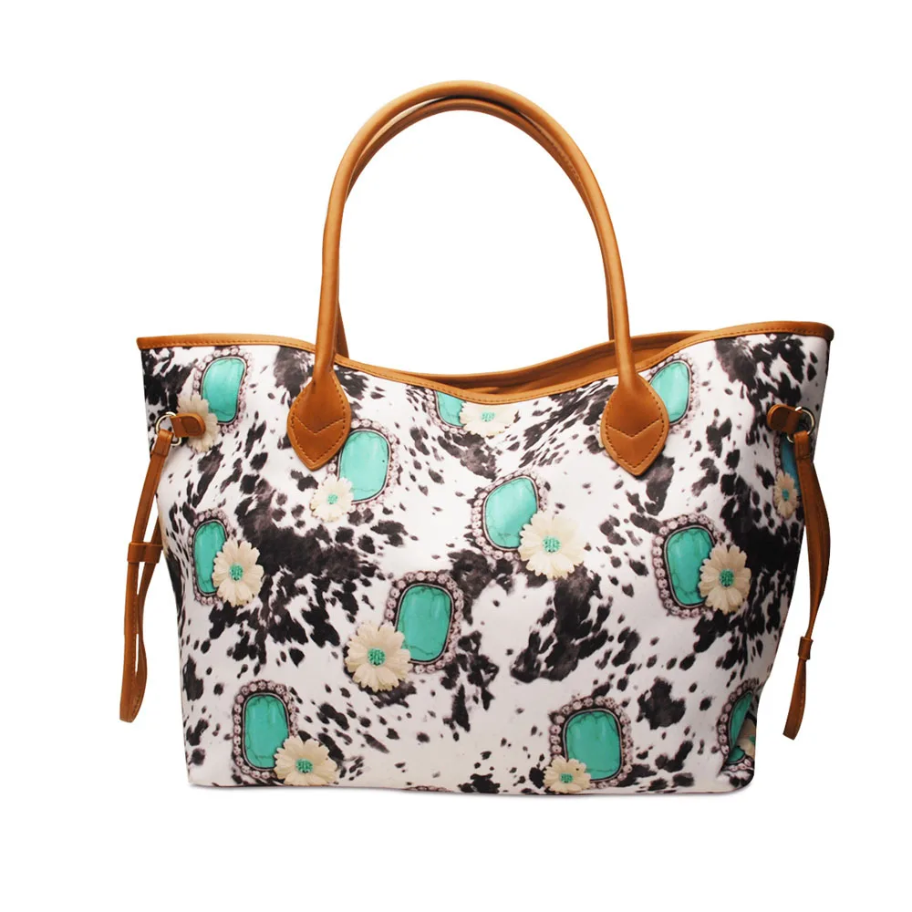 

DOMIL Cowboy Tote Bag Petals Women's Canvas Handbag with PU Handles Trendy Turquoise Travel Bag for Ladies DOM-1061851, Cowboy,petal,sunflower turquoise, cow