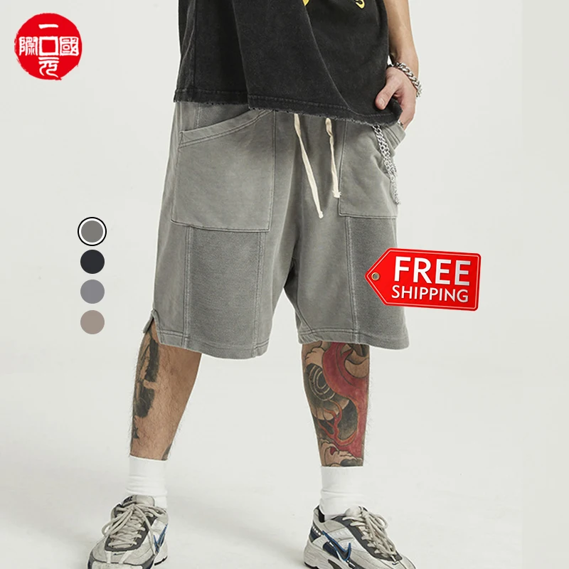 

Men's shorts casual retro high street wide mens shorts loose mens drawstring shorts