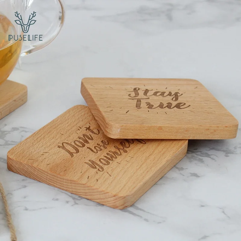 

Hot sale square desktop wood cup coaster for home custom logo wood cork laser printing coaster, Natural wood color