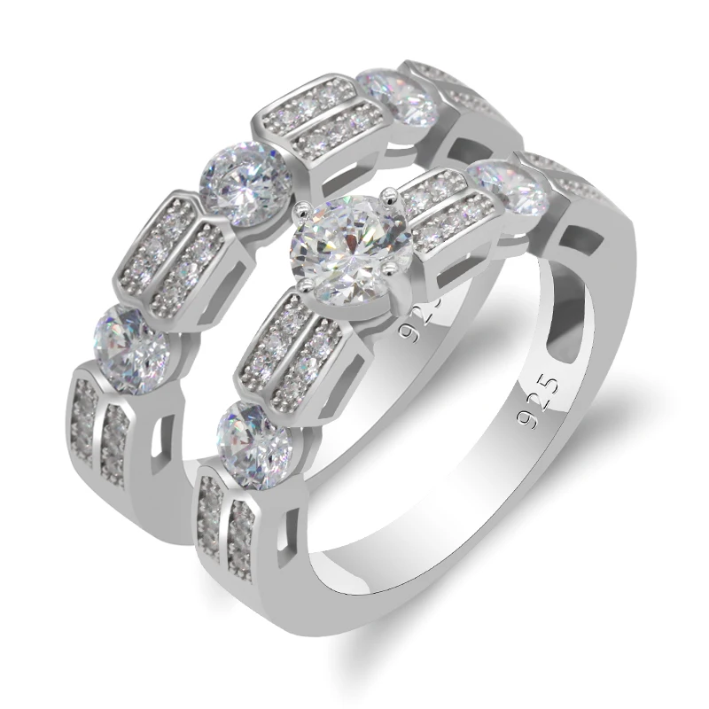 

Fashion Silver Two Rings for Women in 925 Sterling Silver with CZ Zircon Rings for Women Engagement Wedding Jewelry Band