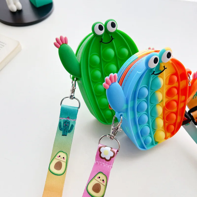 

New Fashion Design Cartoon Mini Kids Silicone Push Bubble Fidget Toy Cactus Crossbody Bag Pop it coin purse For Little Girl, 4 colors