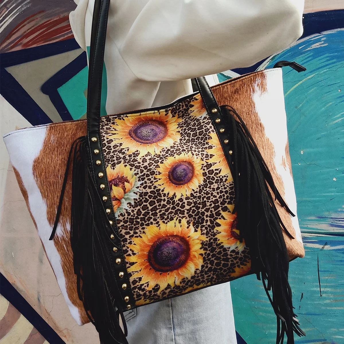 

Hippie Suede Fringe Tribal Bag Sunflower Tassel Bag Fiesta Bag Animal Printed Side Tassels Purse DOM-1081392