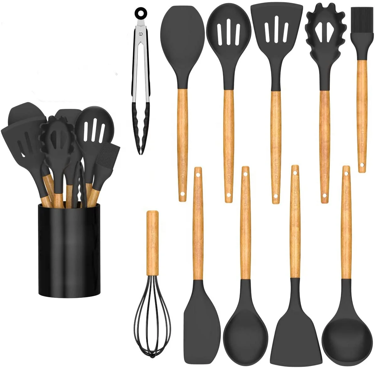 

Silicone Cooking Utensils Kitchen Utensil Set Tools with Wood Handles, Black