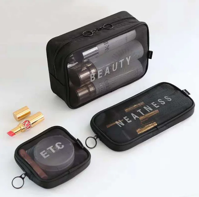 

Eco beauty mesh makeup bag three size makeup bag set Toiletries make up travel bag