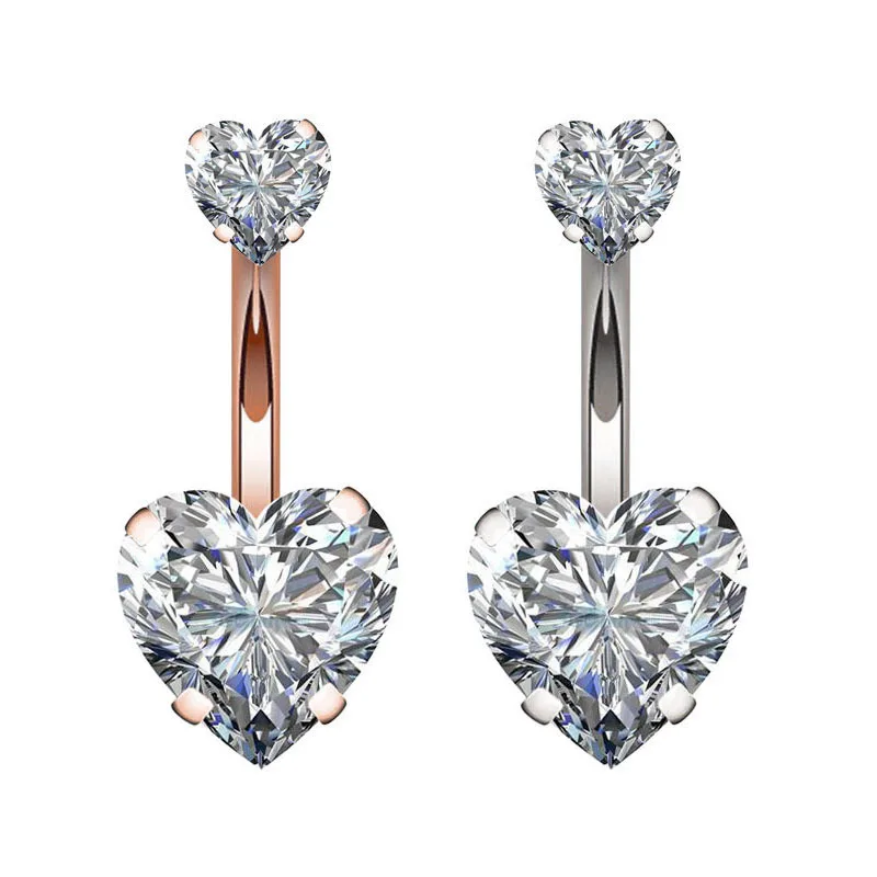 

1pcs Shiny Double Heart Cubic Zirconia Navel Rings For Summer Surgical Steel Barbell Belly Piercing Jewelry, Silver / rose gold