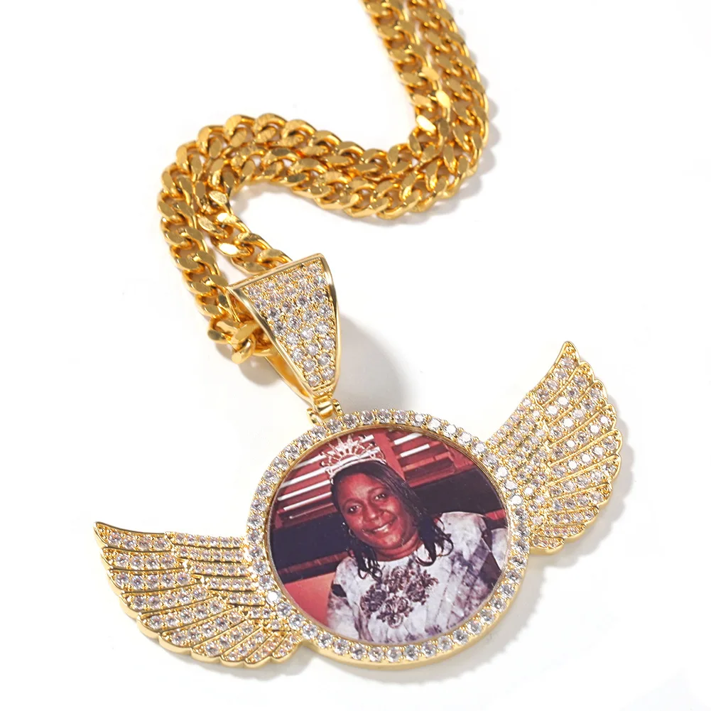 

Euro-Hip Hop Personality Custom Photo Pendant with Copper Zircon Solid DIY Creative Photo Wings Angel NecKLACE