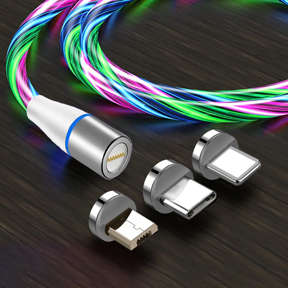 

30 Pecent Off Quick Charging 3A EL Glowing Magnetic Micro USB Type C USB C Charging Cable 3 in 1 Data Cable, Blue, green, red, colorful