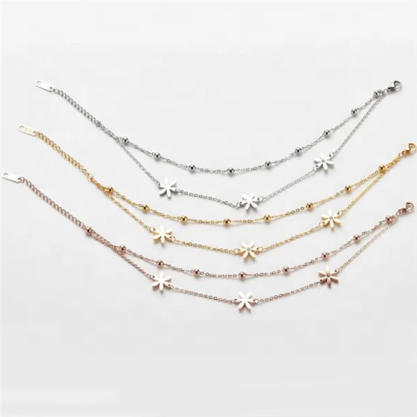 

Yiwu Aceon Stainless Steel Women Body Jewelry Bead Link Chain Double Layer Daisy Flower Anklet