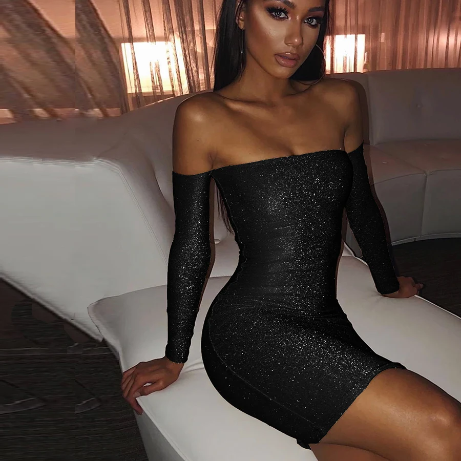 

Long Sleeve Bling Off Shoulder Evening Dress Womens Fashion, Customized