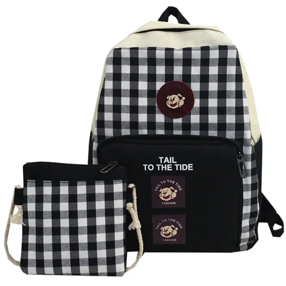 

Teenage Student Canvas Plaid Casual Travel School Bags Girl Backpack With Mini Bags