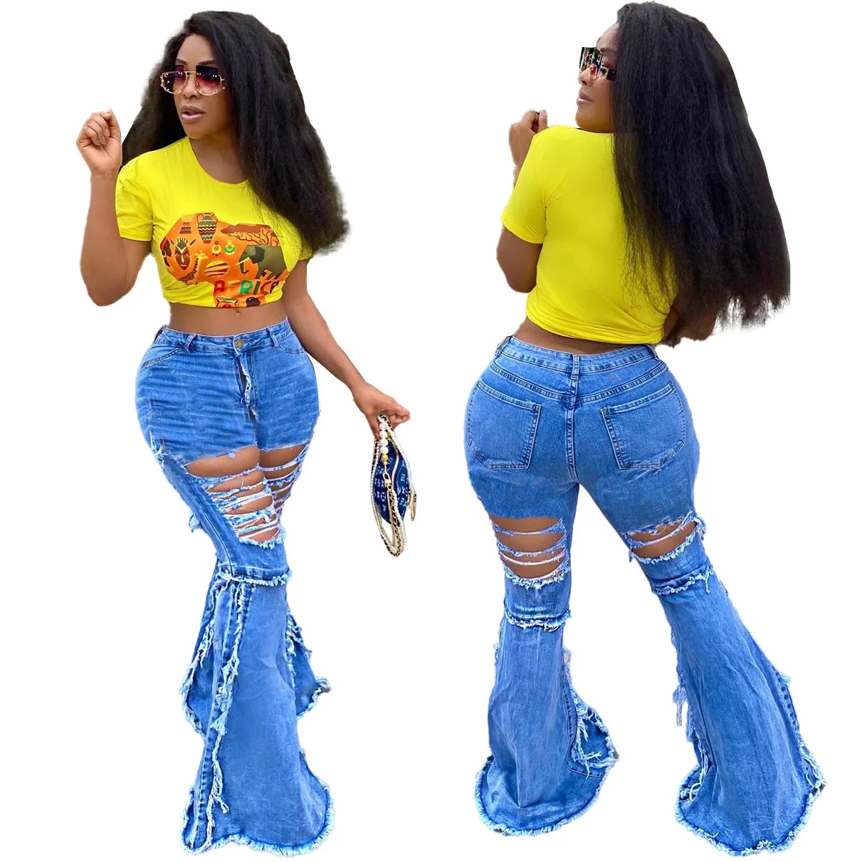 

STREETWEAR Fringe Hollow Out Ruffle Flare Denim Pants High Waist Bodycon Hole Women Trousers Club Outfits Ripped Jeans Women, Blue