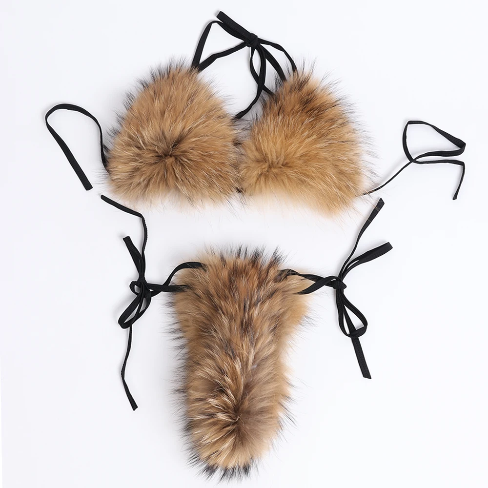 

women real fox fur bikini sets ladies natural raccoon fur bikini 2020 bikini girl sexy