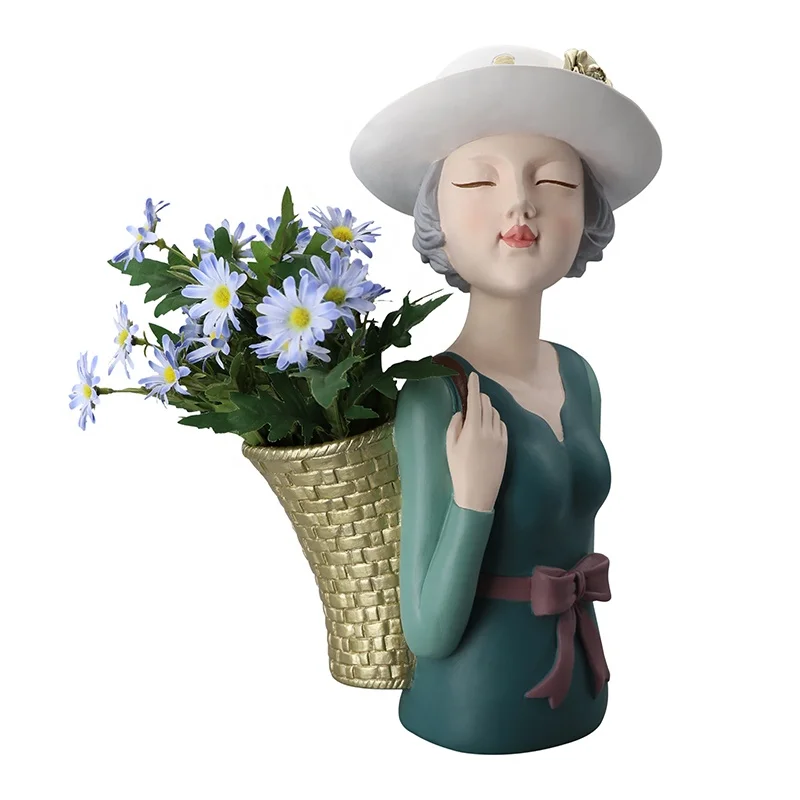 

wholesale modern lady head gray flower figurines luxury nordic wedding vases polyresin crafts resin vase green Tabletop Vase, Green , gray