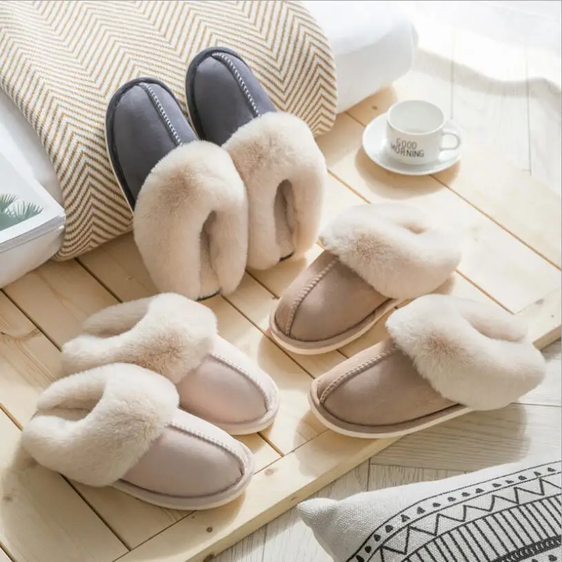

Plus Velvet Couple Winter Cotton Shoes Home Non-slip Warm Shoes Slip On Soft Indoor Flats Comfort Soft Solid Flock Slippers, Many