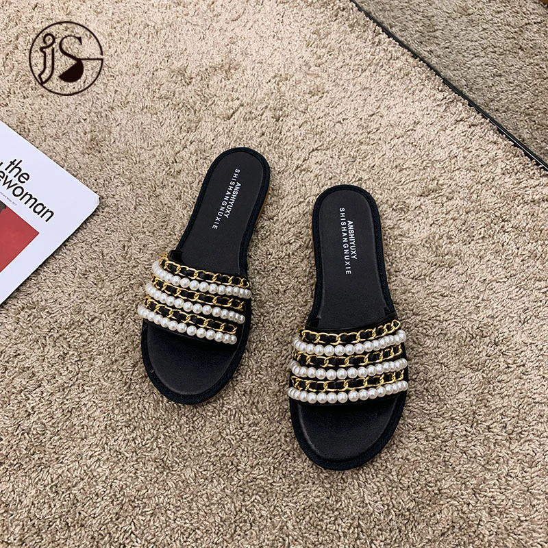 

Custom wholesale fashion slides footwear casual pearl ladies shoes dazzling lightweight women sandals 2021, Customized color