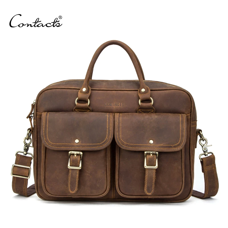 

CONTACT'S Men Gym Hand Bags Large Capacity Crazy Horse Leather Travel Bags luggage Quality duffle bag custom for 15.6" Laptop, Coffee or customized