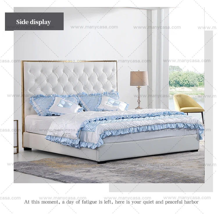 European Modern Luxury Goldplated White Leather Upholstered Tufted Bed